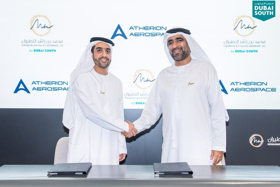 Tahnoon Saif, CEO of Mohammed bin Rashid Aerospace Hub, and Sheikh Sultan Majid Hamad Binsaqar Alqasimi, Managing Director at Economic Group Holdings