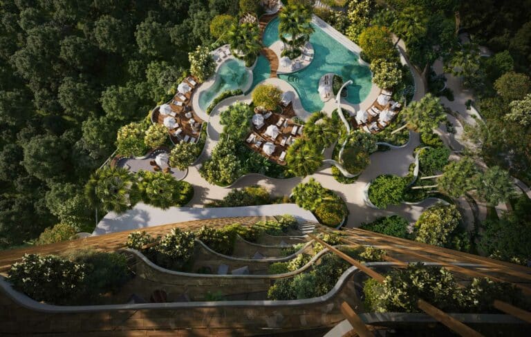 Inspired by the idea of a “Green Canyon,” the tower is shaped by movement and the natural play of shadow and light