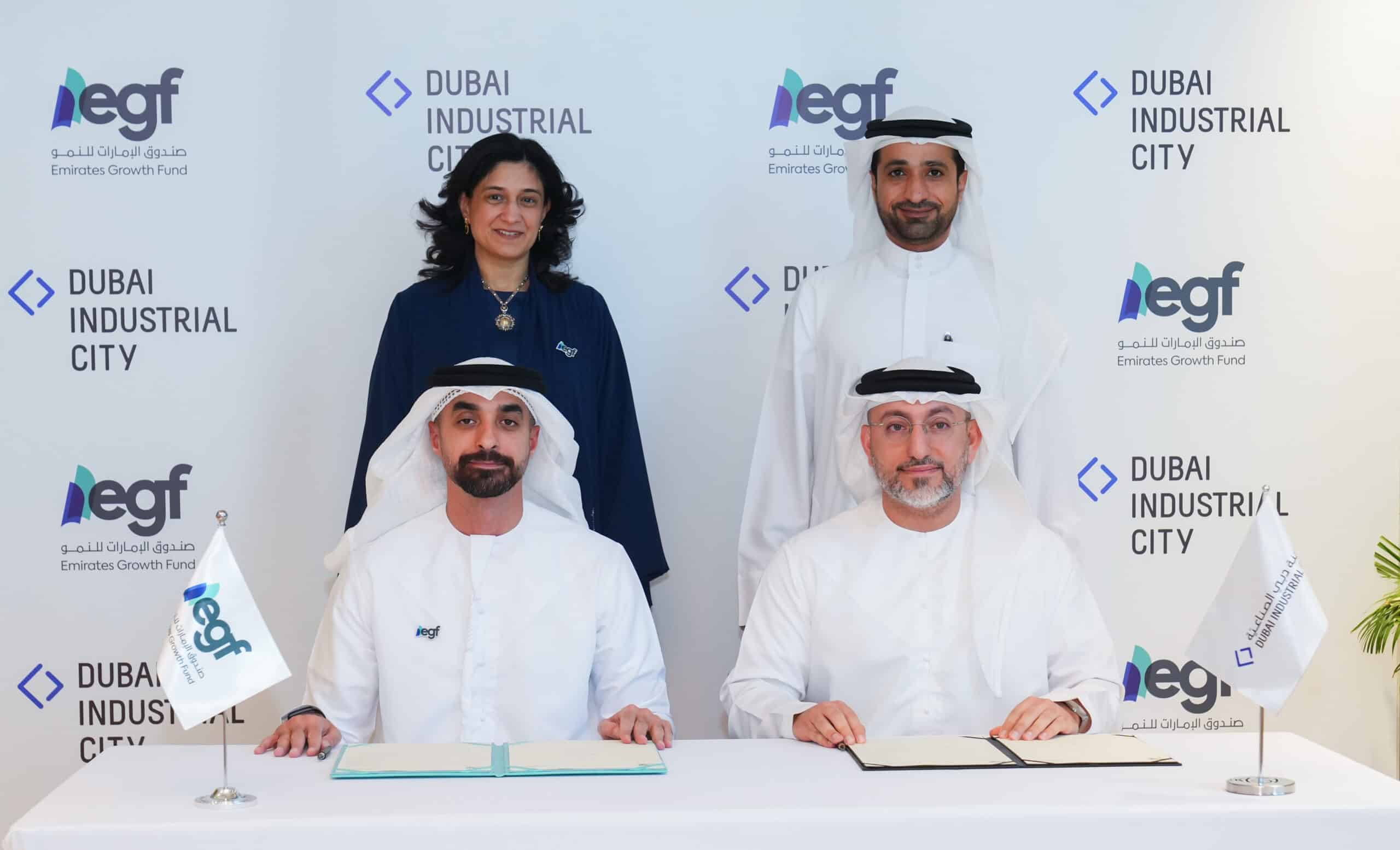HE Najla Al Midfa, Vice Chair and MD at Emirates Growth Fund; and Abdulla Belhoul, Chief Executive Officer of TECOM Group. EGF’s Chief Executive Officer, Khalifa Al Hajeri, signed the agreement with Saud Abu Alshawareb, Executive Vice President of Industrial at TECOM Group