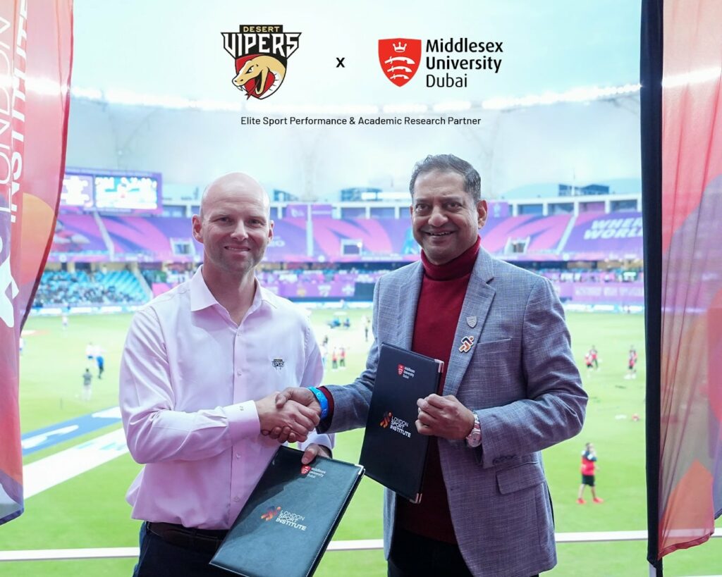 Phil Oliver, the Desert Vipers CEO, and Professor Cedwyn Fernandes, Pro Vice-Chancellor of Middlesex University and Director of MDX Dubai